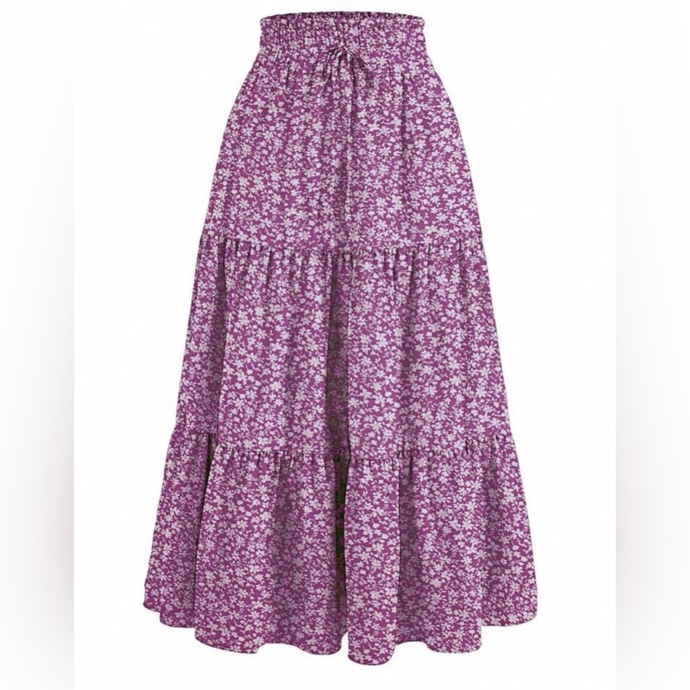 Purple Ditsy Floral Tiered Maxi Skirt